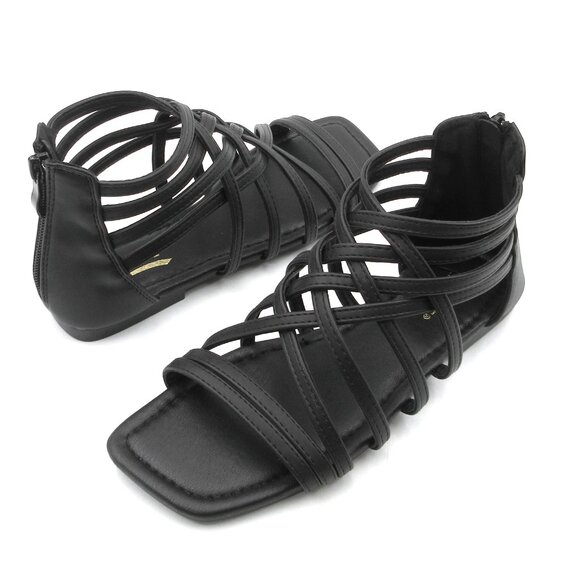 Women's Roman Gladiator Muliti Straped Back Zip Design Flat Heel Sandals Black - Picture 4 of 6